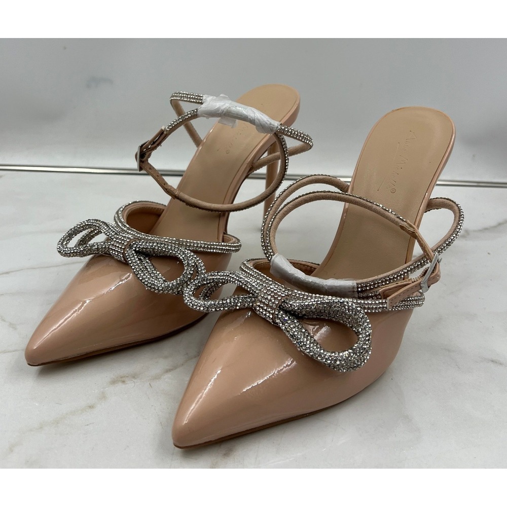 Anne Michelle Stiletto Pump Shoes Women's 10 Nude Patent Rhinestone Bow Pointed
